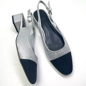J. Crew Rhinestone Silver Black Low Block Heel Slingbacks